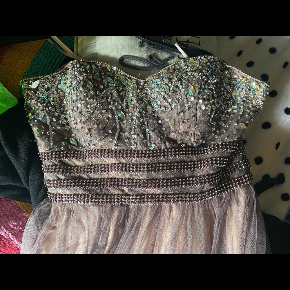Strapless pink/purple full length prom dress.